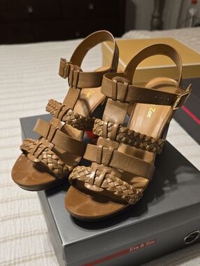 Eva & Zoe Tan Braided Leather Block Heel Sandals